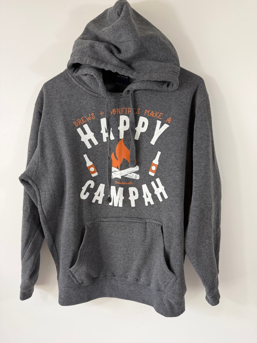Chowdaheadz Happy Campah Grey Hoodie With Beer Holder Size S